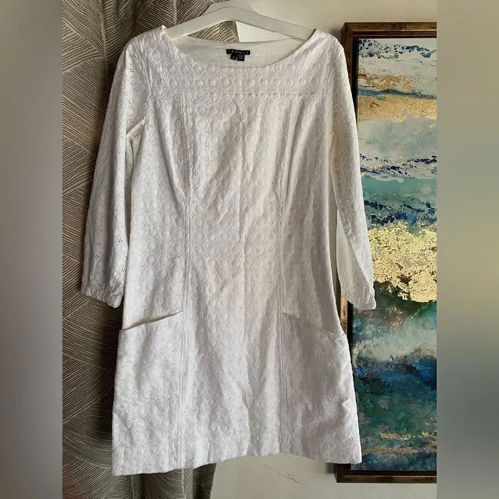 Theory Mini Dress Womens White Sz 4 Lace 100% Cotton Pockets 3/4 Sleeve Lined